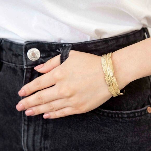 Feather Cuff Bangle Bracelet in Gold - Picture 3 of 12